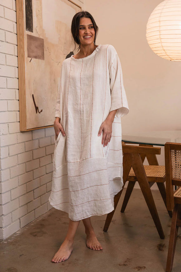 Eadie Lifestyle - The Carter Malle Linen Dress - Off White With Nutmeg Stripe