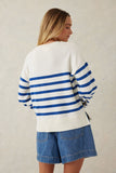 Ceres Life - Boxy Knit With Embroidery - Winter White/Bright Blue Stripe