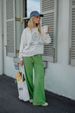 Ceres Life - Gigi Wide Leg Terry Trackpant - Pistachio Washed Navy Side Stripe