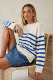 Ceres Life - Boxy Knit With Embroidery - Winter White/Bright Blue Stripe