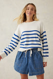 Ceres Life - Boxy Knit With Embroidery - Winter White/Bright Blue Stripe