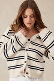 Ceres Life - Funnel Neck Stripe Cardi - Ecru/Navy Stripe