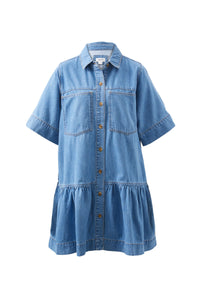 Ceres Life - Short Sleeve Tiered Pocket Shirt Dress - Vintage Blue
