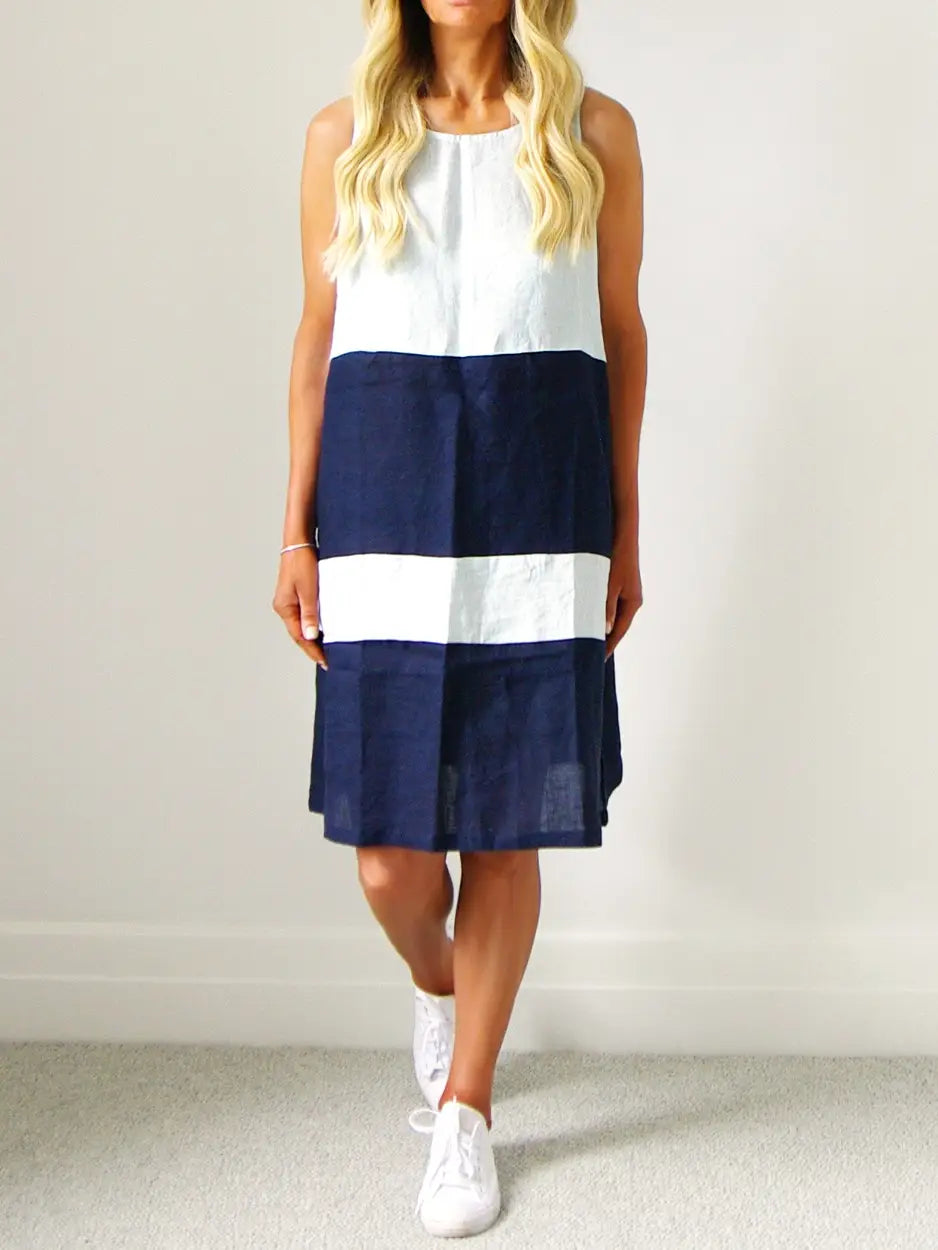 Who's Charlie - Piper Sleeveless 100% Linen Dress - Blue Mix  Wrapped  Cootamundra