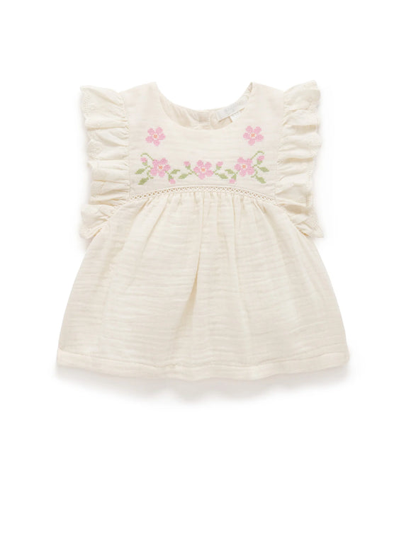 Purebaby - Embroidered Ruffle Top - Cloud