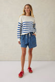 Ceres Life - Boxy Knit With Embroidery - Winter White/Bright Blue Stripe