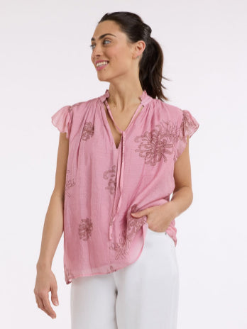 Beautiful Stories - Short Sleeve Boho Shirt - Choc/Pink