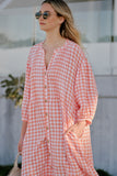 Ceres Life - Crinkle Midi Dress - Coral/White Gingham