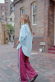 Ceres Life - Gigi Wide Leg Terry Trackpant - Washed Burgundy Sky Blue Side Stripe