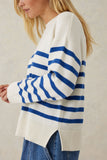 Ceres Life - Boxy Knit With Embroidery - Winter White/Bright Blue Stripe