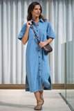 Ceres Life - Ava Short Sleeve Yoke Detail Midi Dress - Vintage Blue