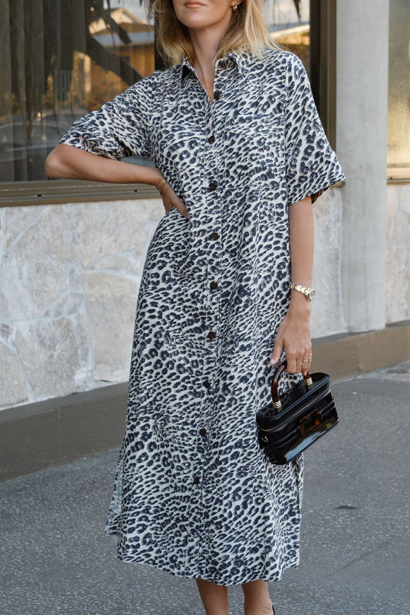Ceres Life - Ava Short Sleeve Yoke Detail Midi Dress - Leopard Linen Blend