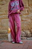 Ceres Life - Gigi Wide Leg Terry Trackpant - Washed Burgundy Sky Blue Side Stripe