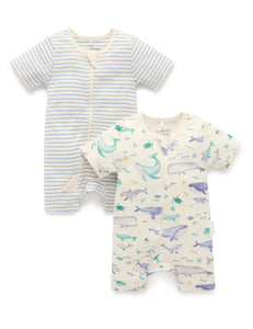 Purebaby - 2 Pack Short Sleeve Zip Growsuit - Whale