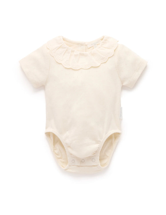 Purebaby - Ruffle Pointelle Short Sleeve Bodysuit - Cloud