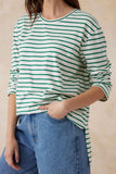 Ceres Life - Longline Step Hem L/S Tee - Vanilla/Fern Green Stripe