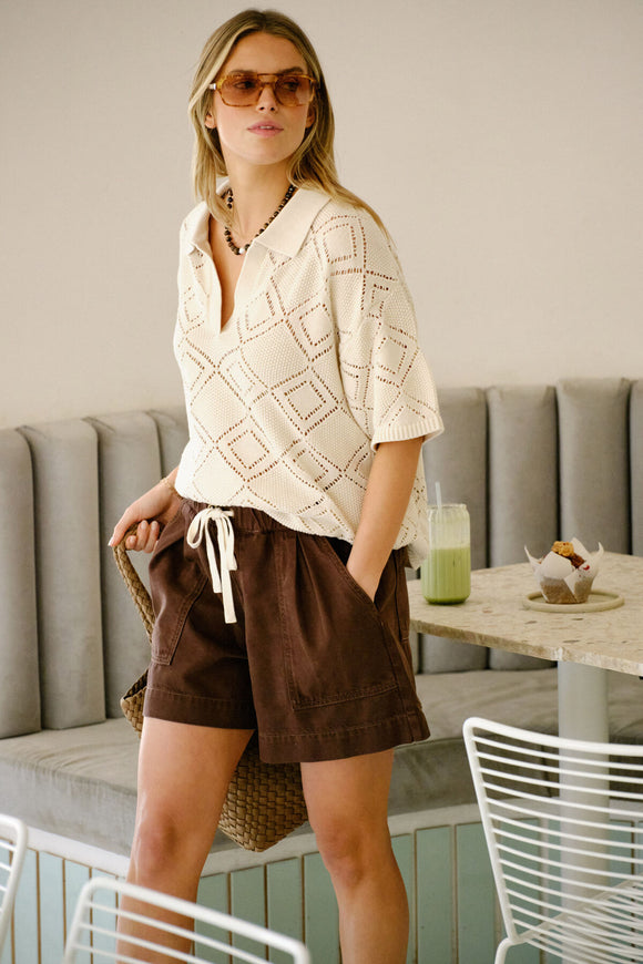 Ceres Life - Demi Diamond Knit Collared Tee - Ecru