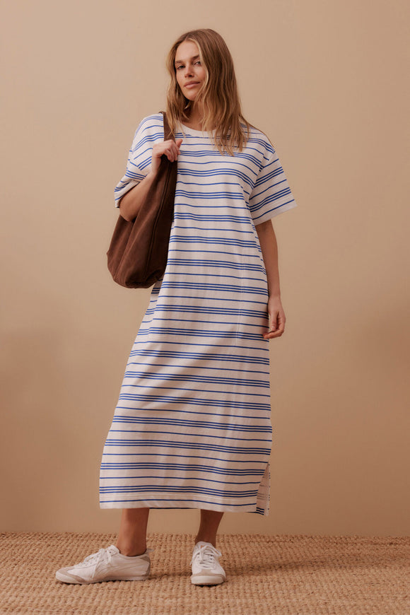 Ceres Life - Charlotte Midi Terry Dress - White / Azure Blue Stripe