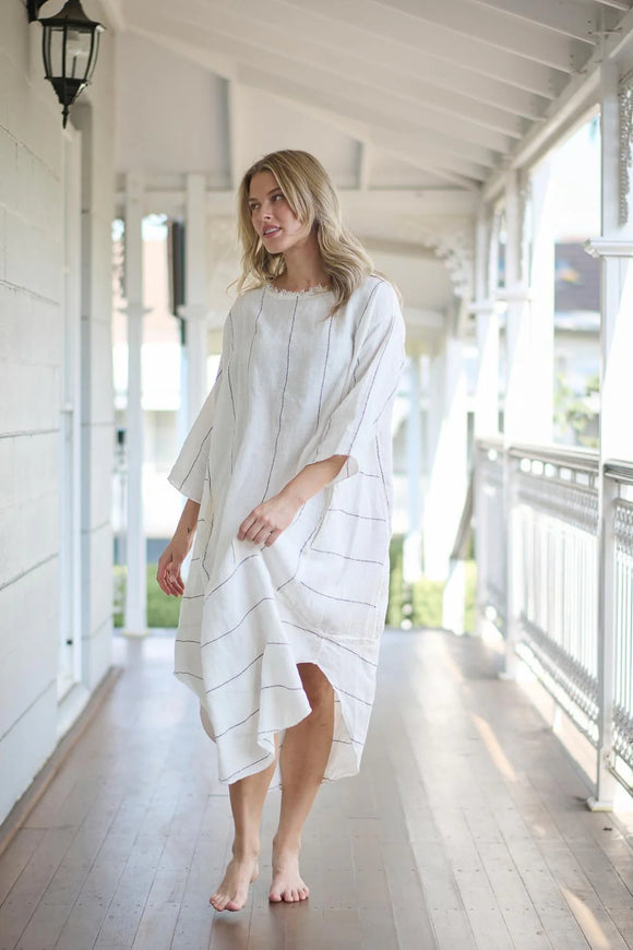 Eadie Lifestyle - The Carter Malle Linen Dress - Off White With Charcoal Stripe