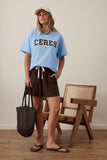 Ceres Life - Stevie Slouchy Tee - Powder Blue/ Chocolate Varsity