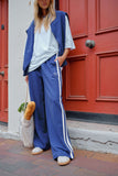 Ceres Life - Gigi Wide Leg Terry Trackpant - Washed Navy Side Stripe