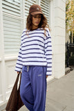 Ceres Life - Beau Long Sleeve Slouchy Tee - White/Polo/Choc Stripe