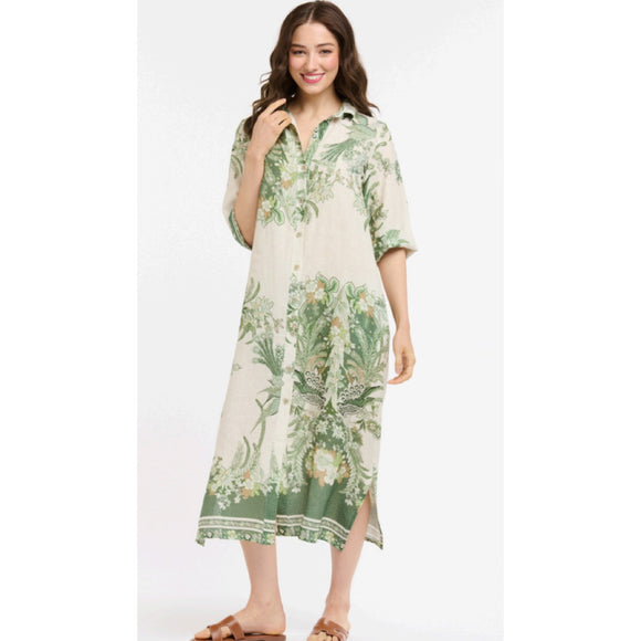Urban Luxury - Linen Printed Dress - Cream / Green