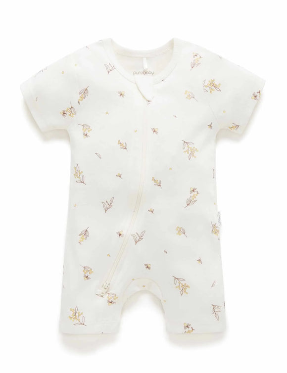 Purebaby - Short Sleeve Leg Zip Growsuit - Vanilla Wattle Bee