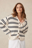 Ceres Life - Funnel Neck Stripe Cardi - Ecru/Navy Stripe