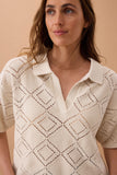 Ceres Life - Demi Diamond Knit Collared Tee - Ecru