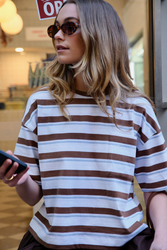 Ceres Life - Boa Boxy Pocket Tee - White / Milk Chocolate Chalk Stripe