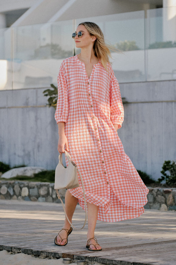 Ceres Life - Crinkle Midi Dress - Coral/White Gingham