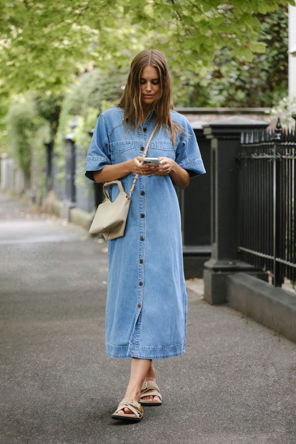 Ceres Life - Ava Short Sleeve Yoke Detail Midi Dress - Vintage Blue