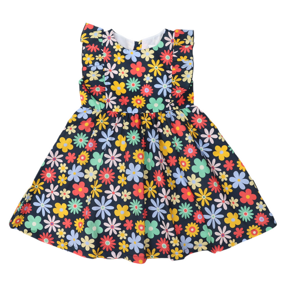 Korango - Flower Print Woven Frill Dress - Navy