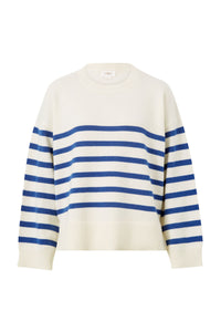 Ceres Life - Boxy Knit With Embroidery - Winter White/Bright Blue Stripe