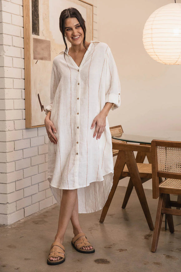 Eadie Lifestyle - Carter Fundamental Linen Shirt Dress - Off White With Nutmeg Stripe