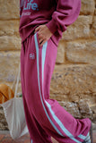 Ceres Life - Gigi Wide Leg Terry Trackpant - Washed Burgundy Sky Blue Side Stripe