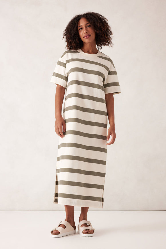 Ceres Life - Charlotte Midi Terry Dress - White / Moss Green Stripe