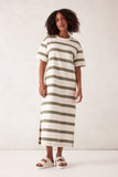 Ceres Life - Charlotte Midi Terry Dress - White / Moss Green Stripe