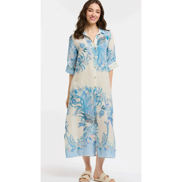 Urban Luxury - Linen Printed Dress - Cream / Light Blue