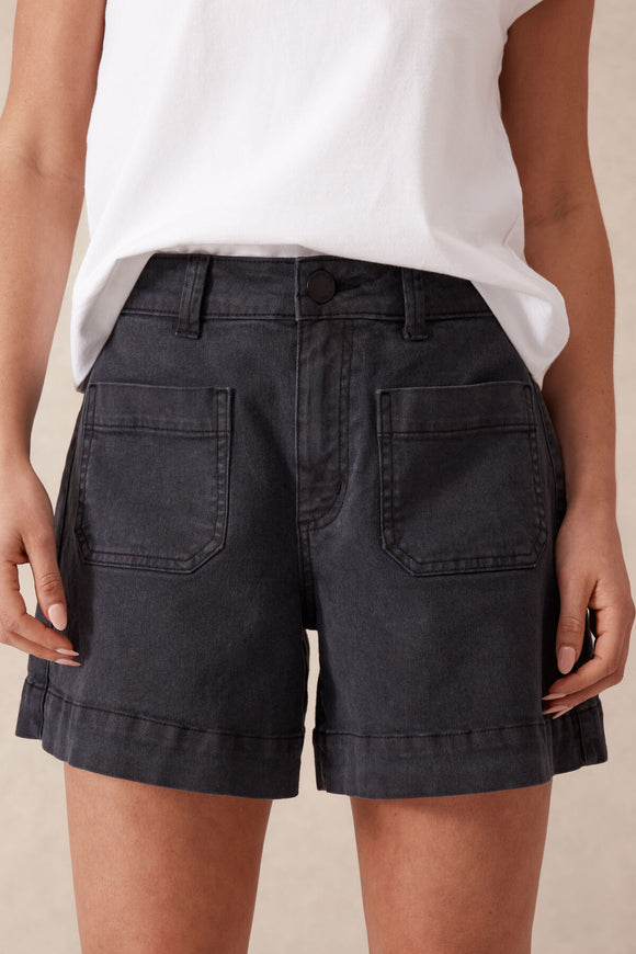 Ceres Life - Esther Denim Patch Pocket Shorts - Washed Black