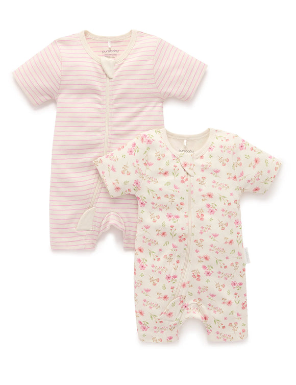 Purebaby - 2 Pack Short Sleeve Zip Growsuit - Seaside Floral