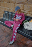 Ceres Life - Gigi Wide Leg Terry Trackpant - Washed Burgundy Sky Blue Side Stripe