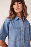 Ceres Life - Short Sleeve Tiered Pocket Shirt Dress - Vintage Blue