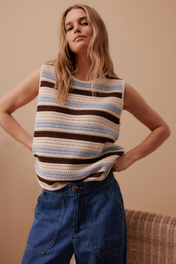 Ceres Life - Margot Mesh Tank - Ecru/Chalk/Choc Stripe