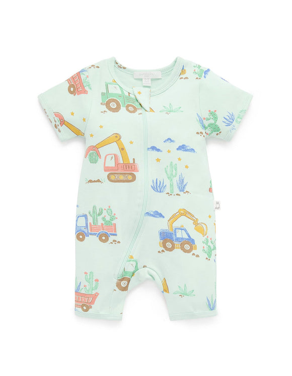 Purebaby - Short Sleeve Zip Growsuit - Desert Trucks Print