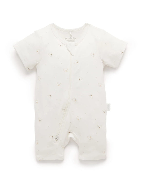 Purebaby - Short Sleeve Leg Zip Growsuit - Vanilla Bear
